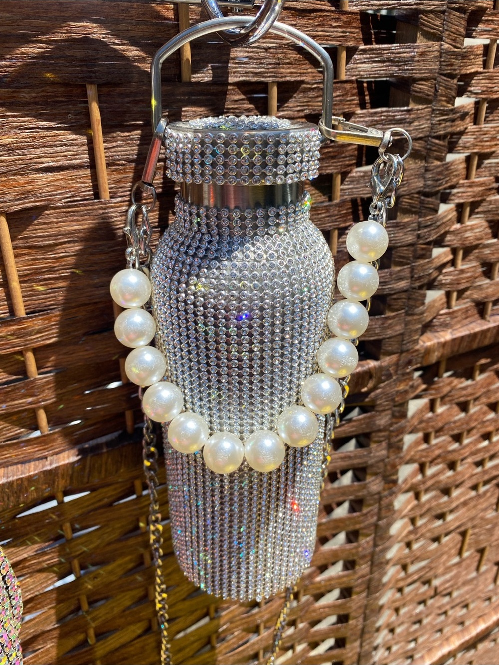 Crystal Rhinestone Pearl-Handle Water Bottle